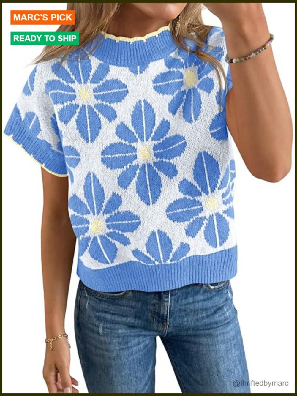 Short Sleeve Floral Knit Pullover Crew Neck Summer Sweater Top